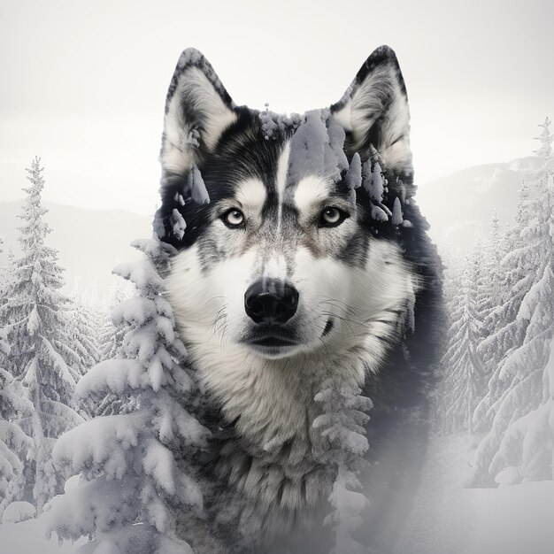 illustrazione della doppia esposizione del Siberian Husky con iper realistico