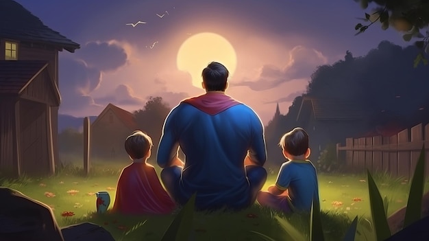 Illustrazione della festa del papà Vista posteriore del padre seduto con i suoi figli Ai generativa