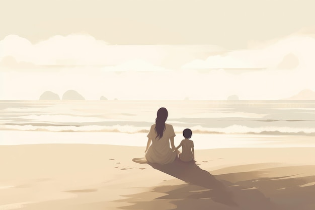 Illustrazione della festa della mamma con madre e bambino in stile minimalista che si godono una giornata tranquilla in spiaggia