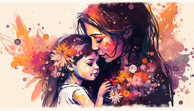 Illustrazione della festa della mamma di mamma e figlia che si abbracciano AI generativa