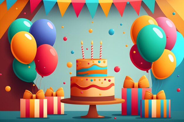 Illustrazione della festa di compleanno con torta e mongolfiere