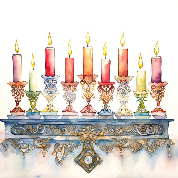 Illustrazione della festa ebraica di Hanukkah con la menorah candela tradizionale Acquerello