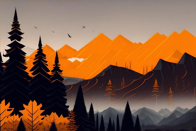 Illustrazione della foresta arancione al tramonto