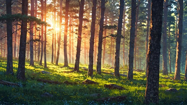 Illustrazione della foresta con gli alberi in primavera con una bellissima e luminosa alba