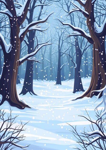 Illustrazione della foresta invernale con alberi coperti di neve