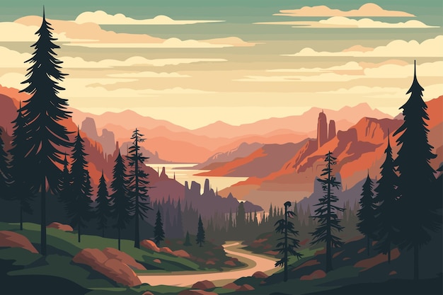 Illustrazione della foresta panoramica e della montagna al tramonto