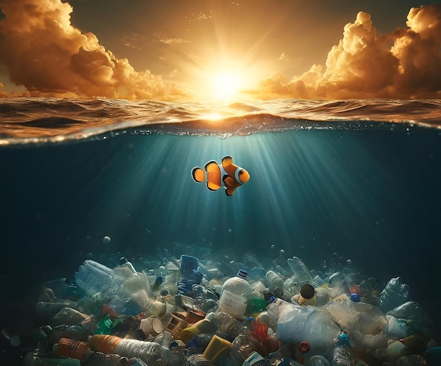 Illustrazione della Giornata della Terra di un pesce che nuota in un oceano pieno di rifiuti di plastica