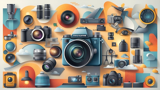 illustrazione della giornata mondiale del fotografo con icone grafiche della tecnologia WEB3 sfondo banner