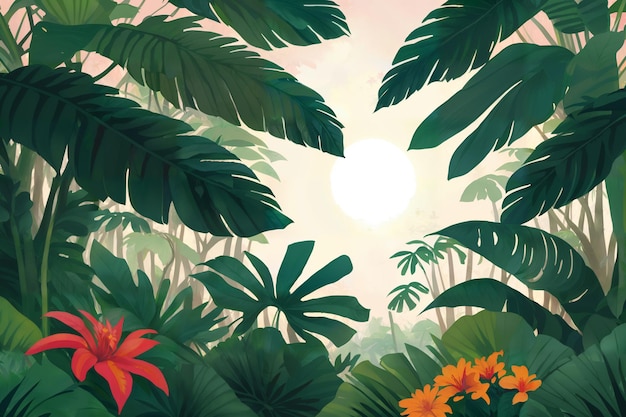 Illustrazione della giungla Dipinta bellissima foresta tropicale con piante esotiche palme grandi foglie e felci Boschetto della foresta pluviale Natura disegno con vegetazione verde AI generativa