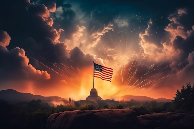 Illustrazione della grande bandiera usa sul Campidoglio degli Stati Uniti e fuochi d'artificio nel giorno dell'indipendenza del cielo 4 luglio