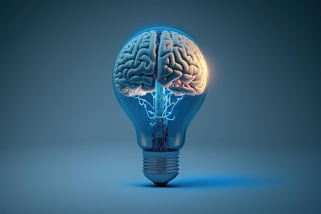 Illustrazione della lampadina con idee cerebrali e sfondo del concetto di creatività IA generativa