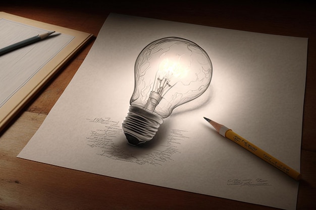 Illustrazione della lampadina disegnata su idee di carta e concetto di creatività IA generativa