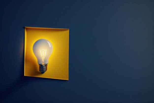 Illustrazione della lampadina gialla su sfondo blu scuro concetto di creatività IA generativa