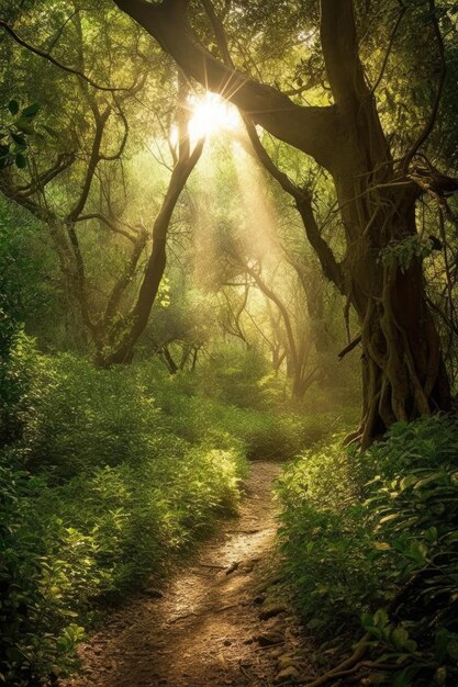Illustrazione della luce del sole che scorre attraverso gli alberi in una foresta pacifica IA generativa