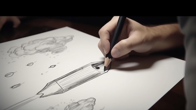 Illustrazione della mano che disegna un razzo su carta avvio e concetto di creatività IA generativa