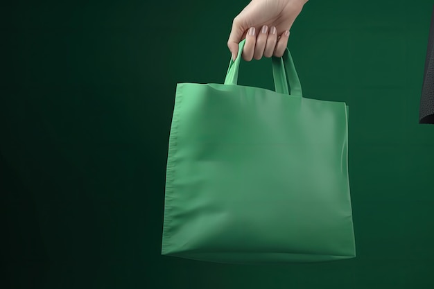 Illustrazione della mano che tiene la borsa della spesa concetto di shopping online sfondo verde IA generativa