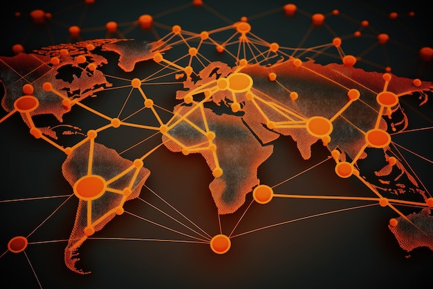 Illustrazione della mappa globale con sfondo arancione dei contatti di rete IA generativa