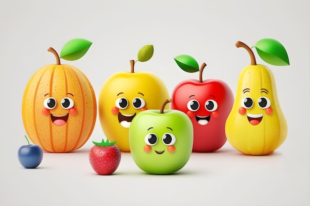 Illustrazione della mascotte di simpatici frutti e bacche sorridenti su sfondo chiaro