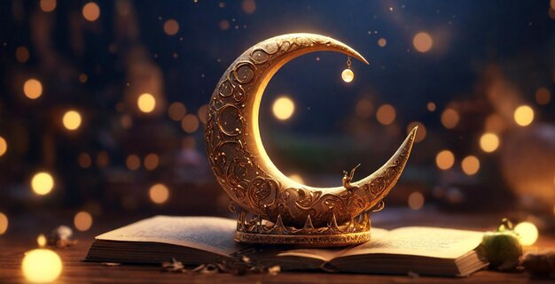 Illustrazione della mezzaluna araba sopra un libro con luci appese celebrazione del Ramadan