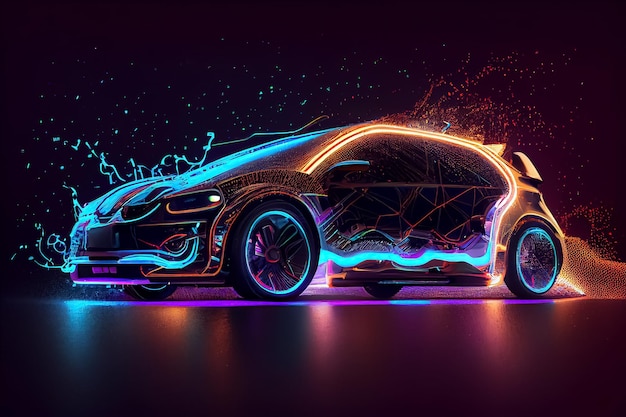 Illustrazione della moderna auto ecologica in colori al neon su sfondo nero AI