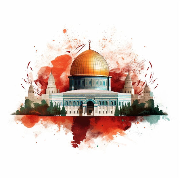 Illustrazione della moschea di Al-Aqsa isolata con la bandiera palestinese su uno sfondo bianco