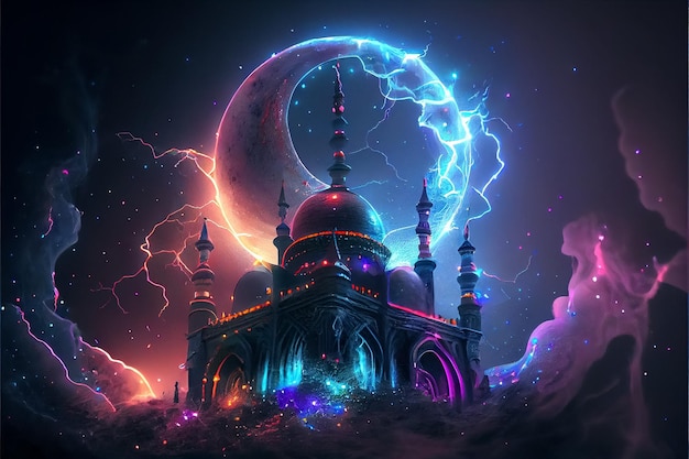 illustrazione della moschea di colori al neon con alto minareto nella notte