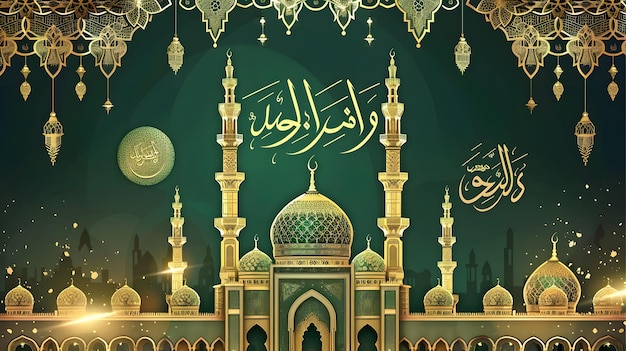 Illustrazione della moschea in verde e oro sul lato inferiore con carattere a tema arabo