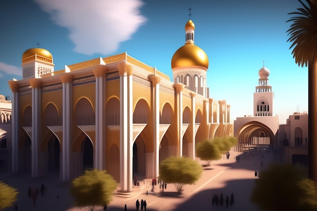 Illustrazione della moschea islamica di Eid al Adha Lanterne arabe e sfondo islamico Storia araba 3d