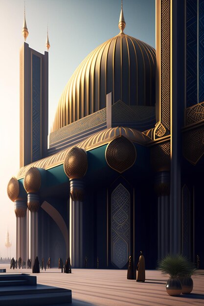 Illustrazione della moschea islamica di Eid al Adha Lanterne arabe e sfondo islamico Storia araba 3d