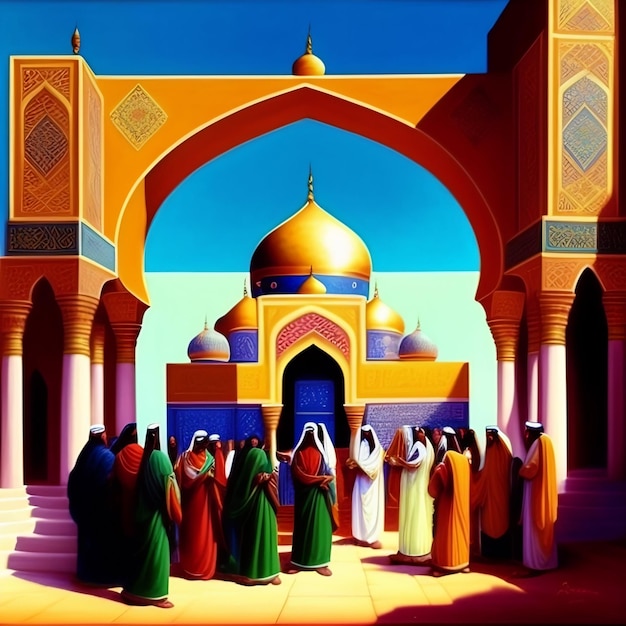 Illustrazione della moschea islamica di Eid al Adha Lanterne arabe e sfondo islamico Storia araba 3d