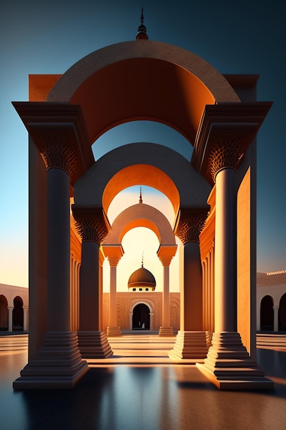 Illustrazione della moschea islamica di Eid al Adha Lanterne arabe e sfondo islamico Storia araba 3d