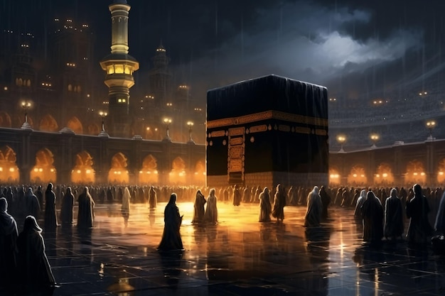 Illustrazione della moschea Masjidil Haram nella città della Mecca con persone che pregano intorno alla Kaaba