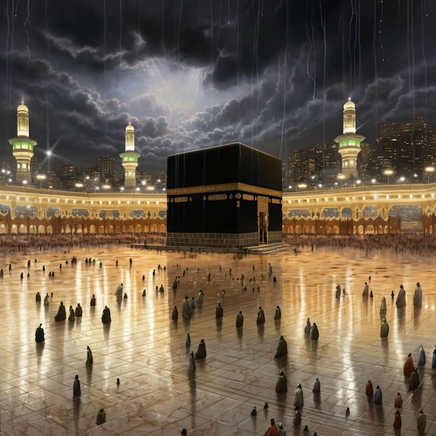 Illustrazione della moschea Masjidil Haram nella città della Mecca con persone che pregano intorno alla Kaaba