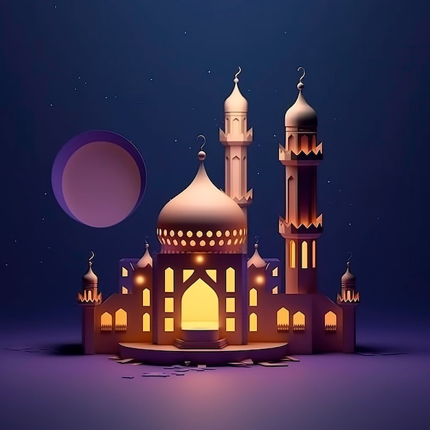 Illustrazione della notte di eid Mubarak con la luce di una lampada in stile carta lusso felice sfondo Eid AI Generativo