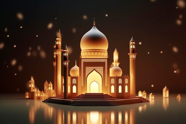Illustrazione della notte di eid Mubarak con la luce di una lampada in stile carta lusso felice sfondo Eid AI Generativo