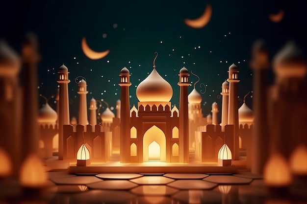 illustrazione della notte di Eid Mubarak con la luce di una lampada stile carta lusso felice sfondo Eid AI Generative