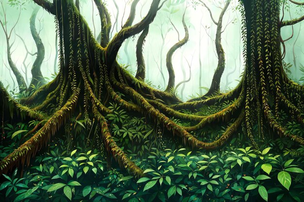 Illustrazione della pittura digitale dell'intelligenza artificiale generativa della foresta pluviale profonda e scura