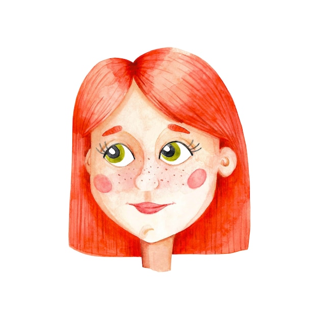 Illustrazione della ragazza dai capelli rossi dell'acquerello isolato su priorità bassa bianca. ClipArt di giovane donna del fumetto dello zenzero. Simpatico personaggio femminile con capelli arancioni brillanti.