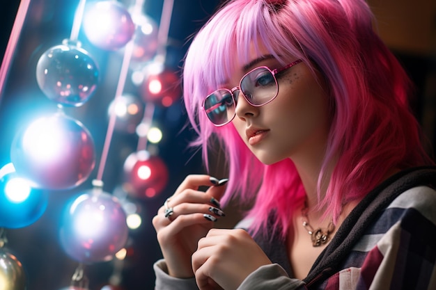 illustrazione della ragazza di moda con i capelli rosa e gli occhiali da sole di notte nel mezzo delle luci della città