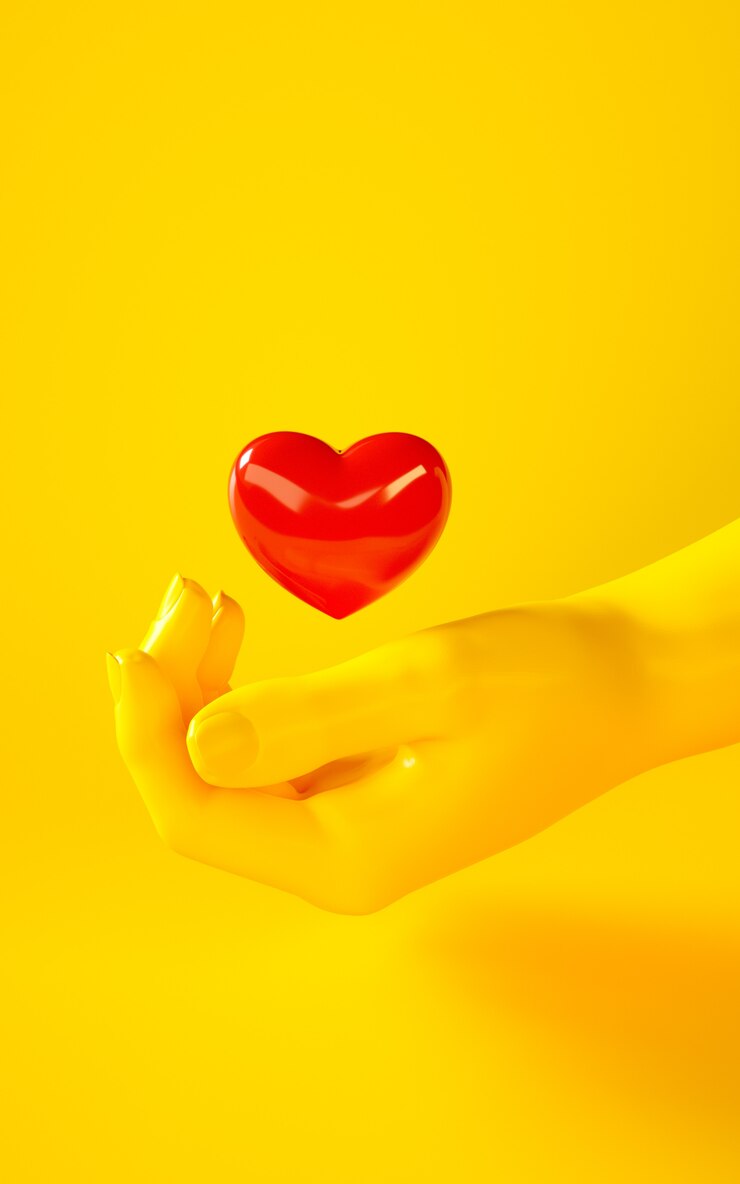 Illustrazione della rappresentazione 3d della mano gialla che tiene cuore rosso. Parti del corpo umano. Concept scene per progetti di graphic design.