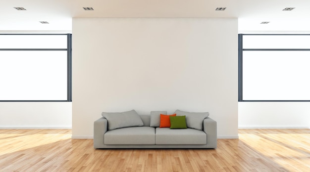 Illustrazione della rappresentazione 3D della stanza degli interni luminosi moderni