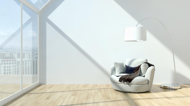 Illustrazione della rappresentazione 3D della stanza degli interni luminosi moderni