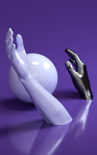 Illustrazione della rappresentazione 3d delle mani dell&#39;uomo in studio porpora con la sfera. Parti del corpo umano.