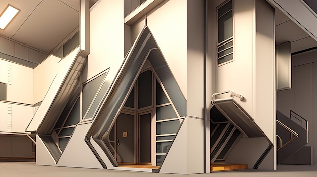 Illustrazione della rappresentazione 3d di architettura della sala moderna metallica