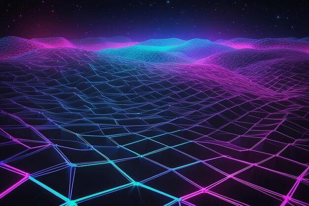 Illustrazione della rete Synthwave wireframe sfondo digitale astratto