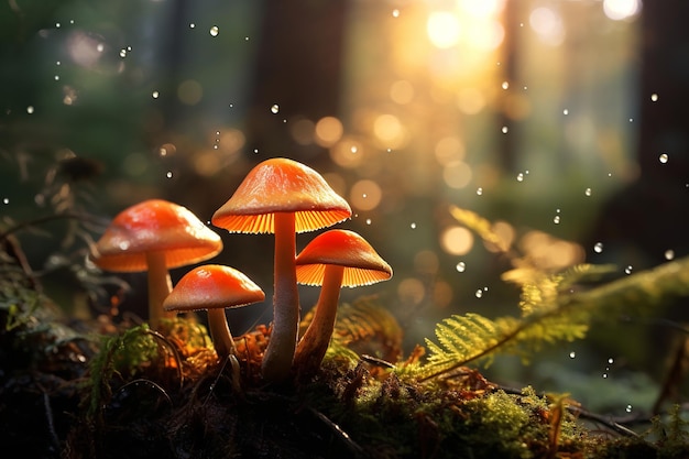 illustrazione della rugiada mattutina sui funghi luminosi