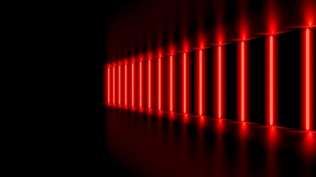 Illustrazione della sala espositiva vuota con luci al neon sfondo scuro rendering 3d