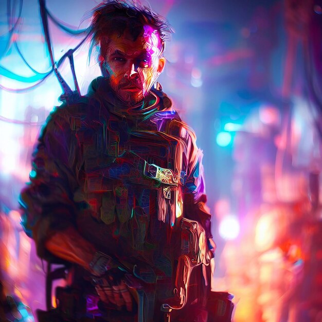 Illustrazione della scena cyberpunk di arte digitale Avatar di sfondo dell'immagine di arte vettoriale colorata AI