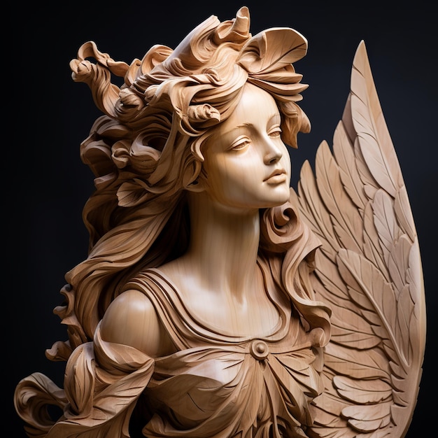illustrazione della scultura di una ragazza angelo in legno scolpita nel legno