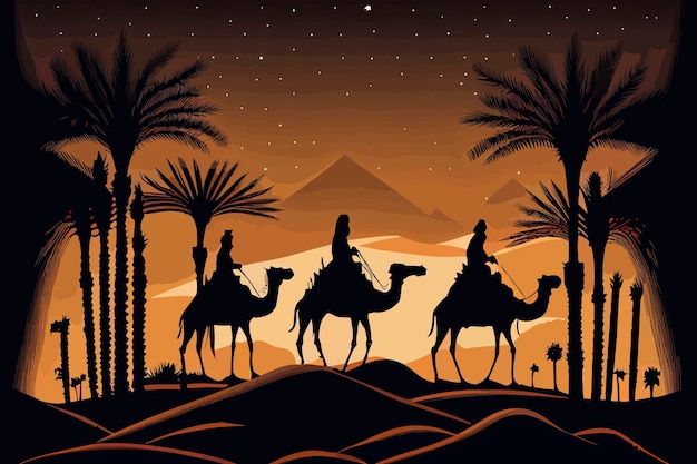 Illustrazione della silhouette dei 3 reyes magos nel deserto